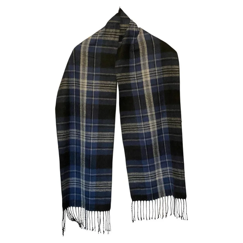 Pierre Cardin Blue Black Plaid Scarf 12x70 Women's Men's Unisex